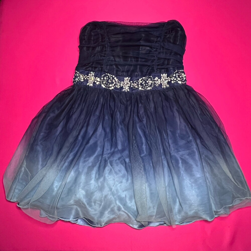 B Smart 2010s Ombre Tulle Strapless Rhinestone Mini Party Dress Navy Blue Formal